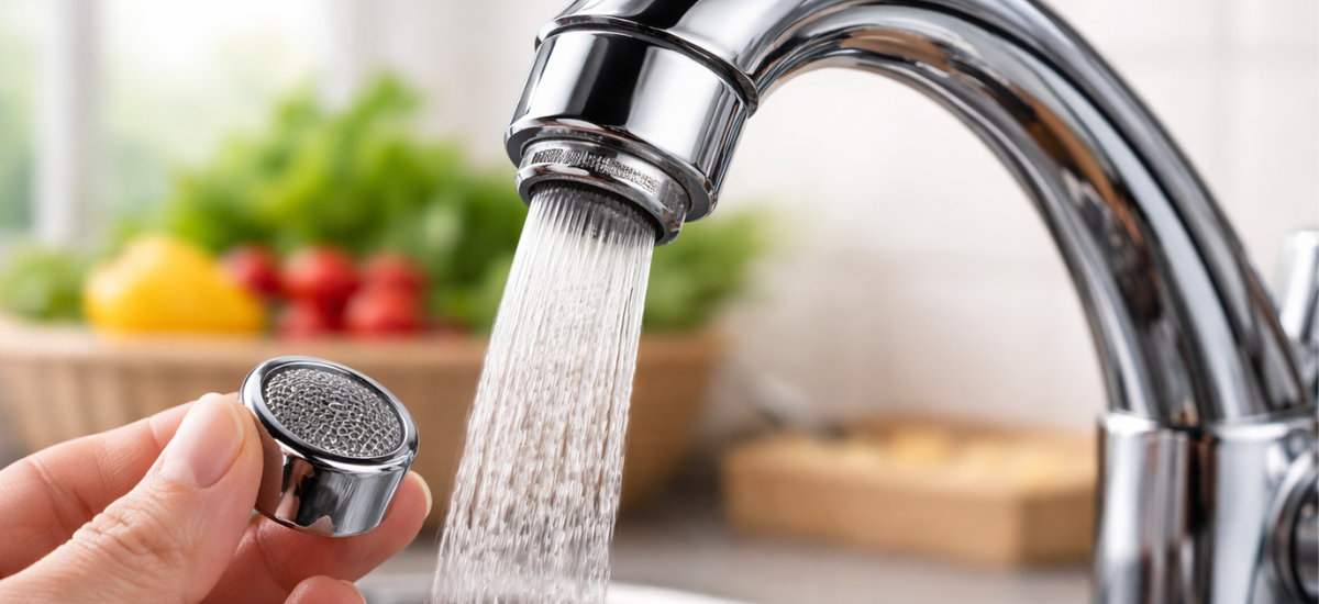 Аэратор для смесителя на кухне в руке на фоне работающего крана с водой