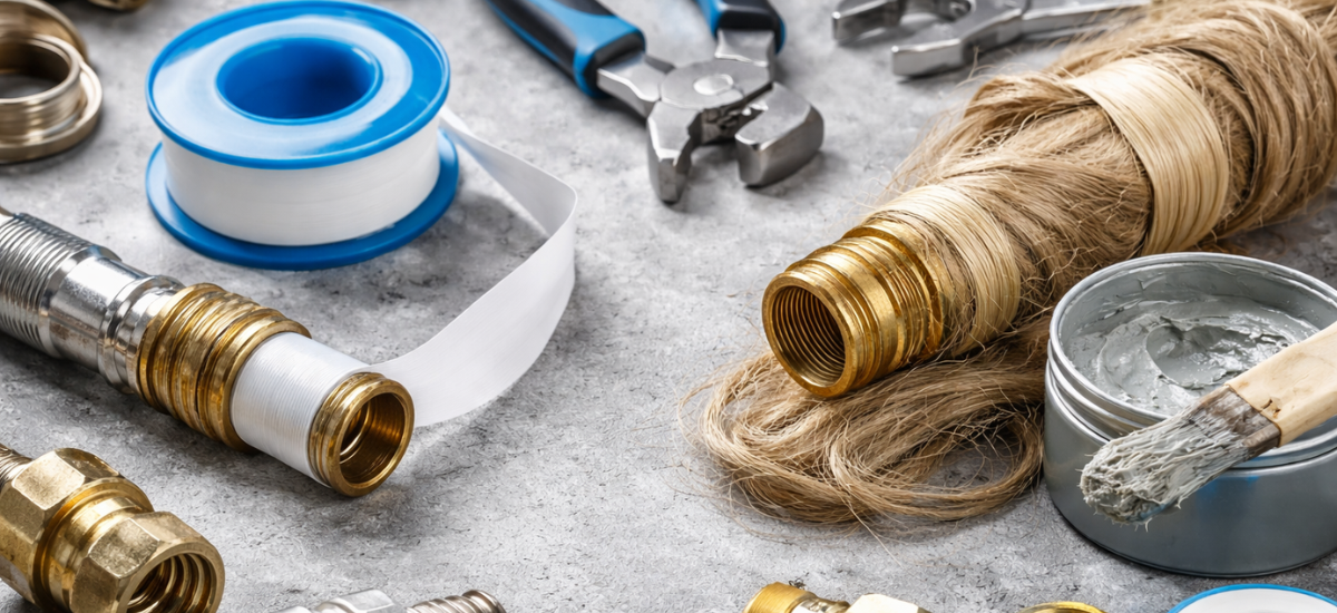 Фум лента и сантехнический лен с пастой для герметизации резьбовых соединений труб