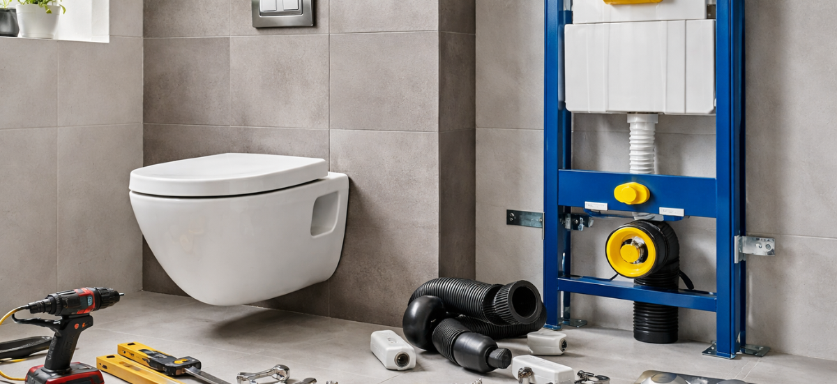 Инсталляция для подвесного унитаза с рамой, скрытым бачком и инструментами для монтажа в ванной комнате