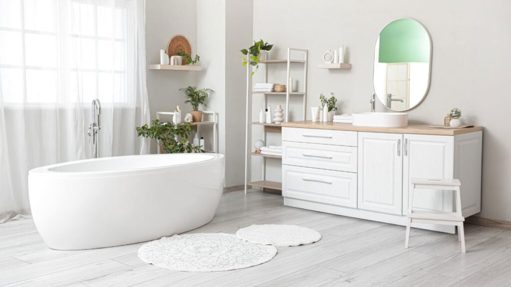 Современный интерьер ванной: большая отдельно стоящая ванна, двойная раковина, зеркала, полки для аксессуаров и мягкие текстильные элементы.