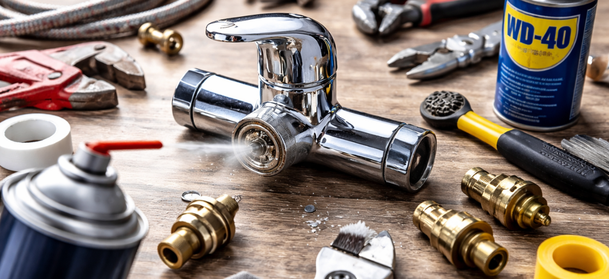 Прикипевшие детали смесителя и сантехнические инструменты для их откручивания на рабочем столе