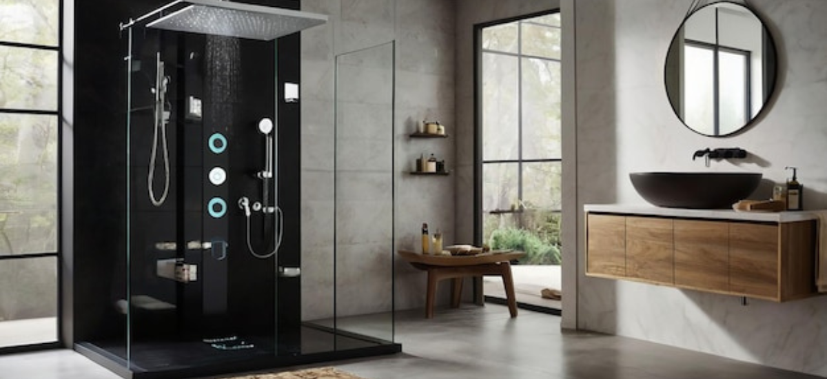 "Современная душевая кабина с черными стеклянными стенками в стильной ванной комнате с деревянной тумбой и круглым зеркалом, минималистичный интерьер, естественное освещение."