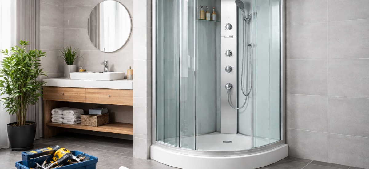 Установка современной душевой кабины в ванной комнате с инструментами на полу