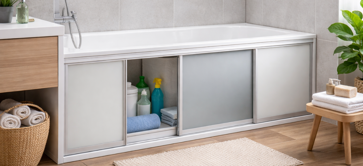 Раздвижной экран под ванной в современной ванной комнате с открытой секцией для хранения бытовой химии и аксессуаров