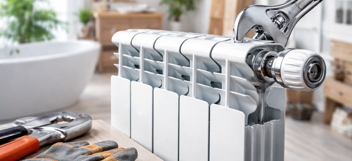 Биметаллический радиатор отопления и сантехнический инструмент в современном интерьере