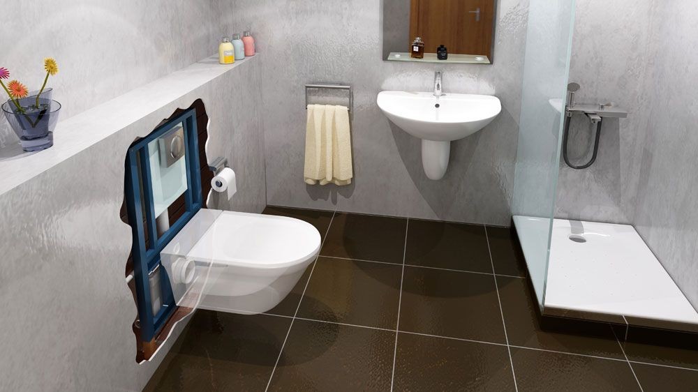 Установка подвесного унитаза с инсталляцией в ванной комнате