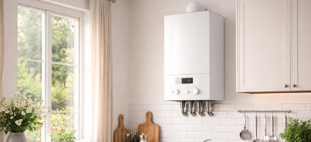 Газовый котел отопления, установленный на кухне у окна в современном интерьере частного дома