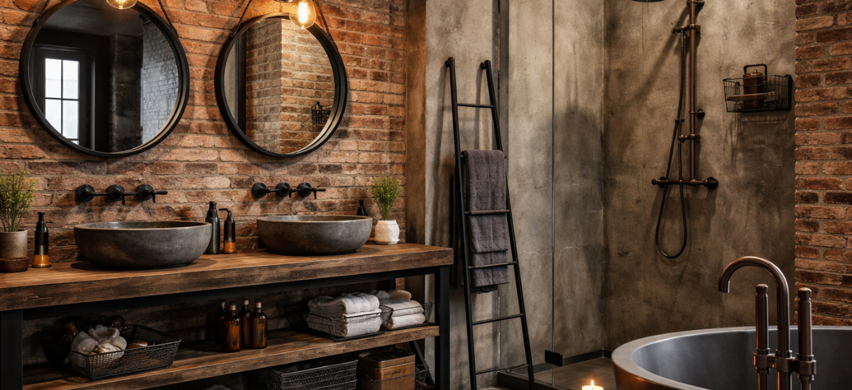 Санузел в стиле лофт с индустриальными смесителями, кирпичными стенами и бетонной отделкой