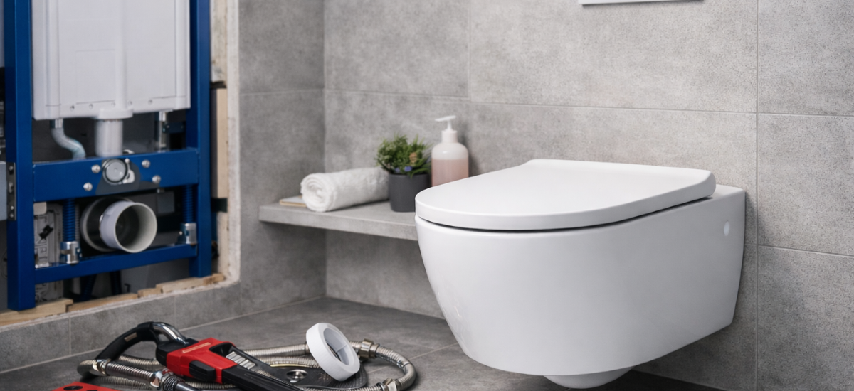 Установка подвесного унитаза с инсталляцией в ванной комнате, подключение канализации и водопровода