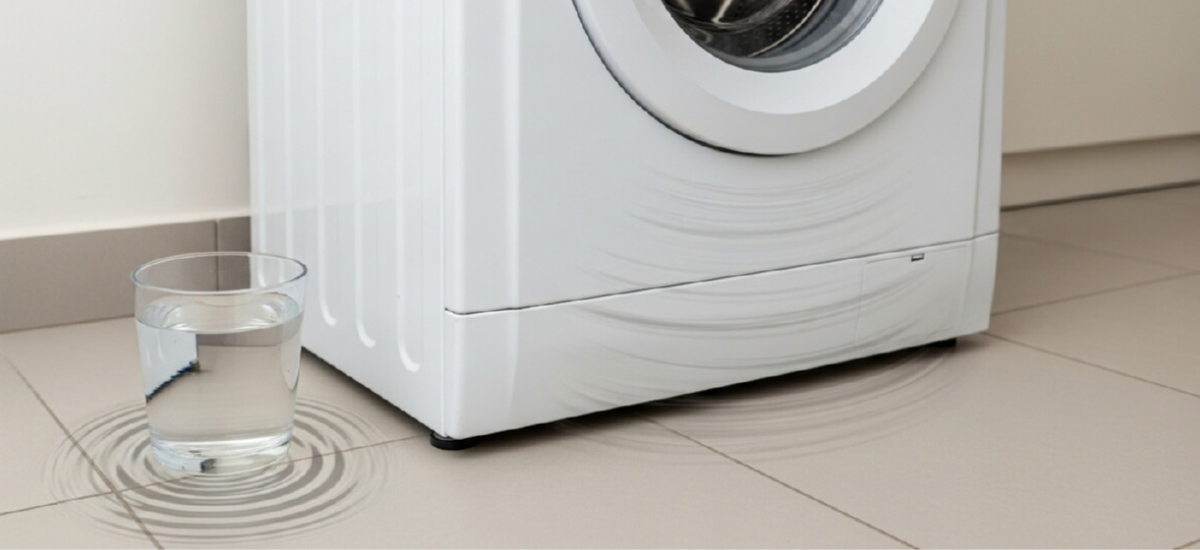 Стиральная машина вибрирует при отжиме на плиточном полу, рядом стакан с водой — пример сильного шума и вибрации из-за неправильной установки и сантехнических проблем