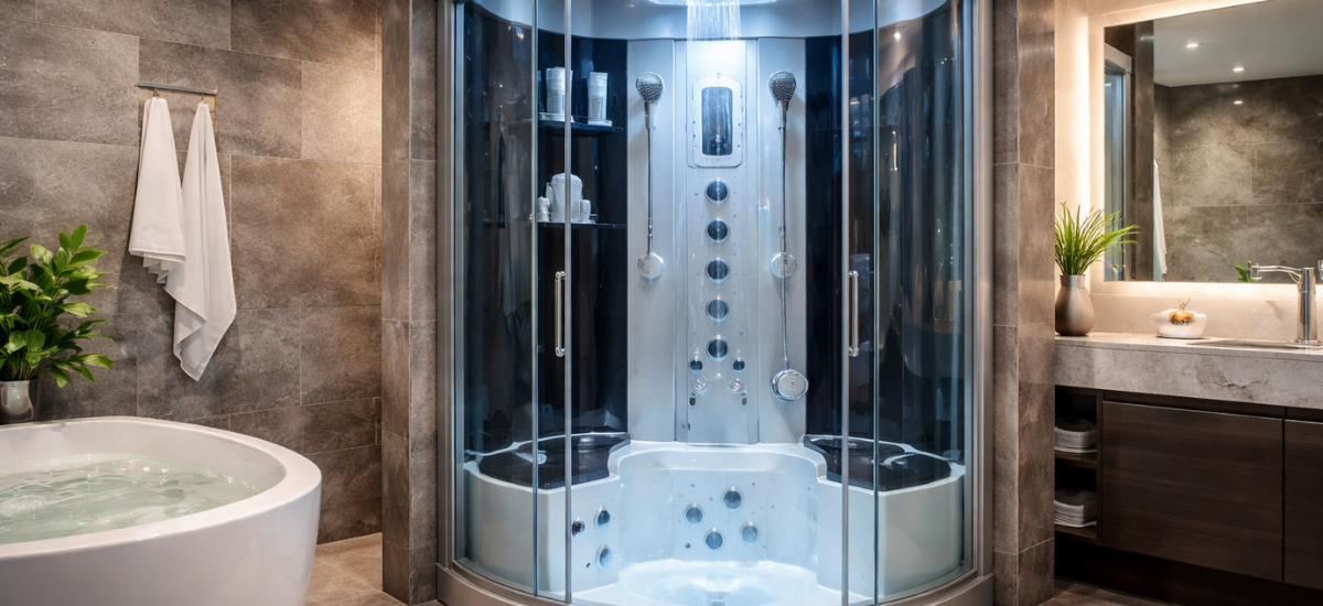 Угловая душевая кабина с гидромассажем и тропическим душем в современном интерьере