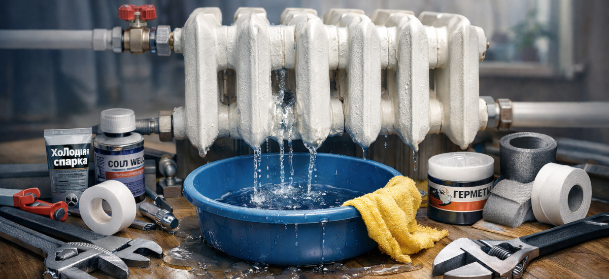 Течь батареи отопления в квартире, вода капает из радиатора в таз, рядом сантехнический инструмент для ремонта