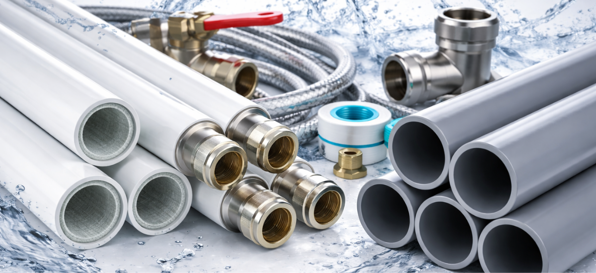 Полипропиленовые, металлопластиковые и ПВХ трубы для водопровода с фитингами и инструментами на фоне воды