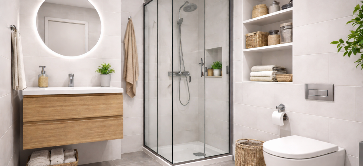 Современная маленькая ванная с подвесным унитазом, узкой раковиной и душевой кабиной, оформленная в минималистичном светлом стиле