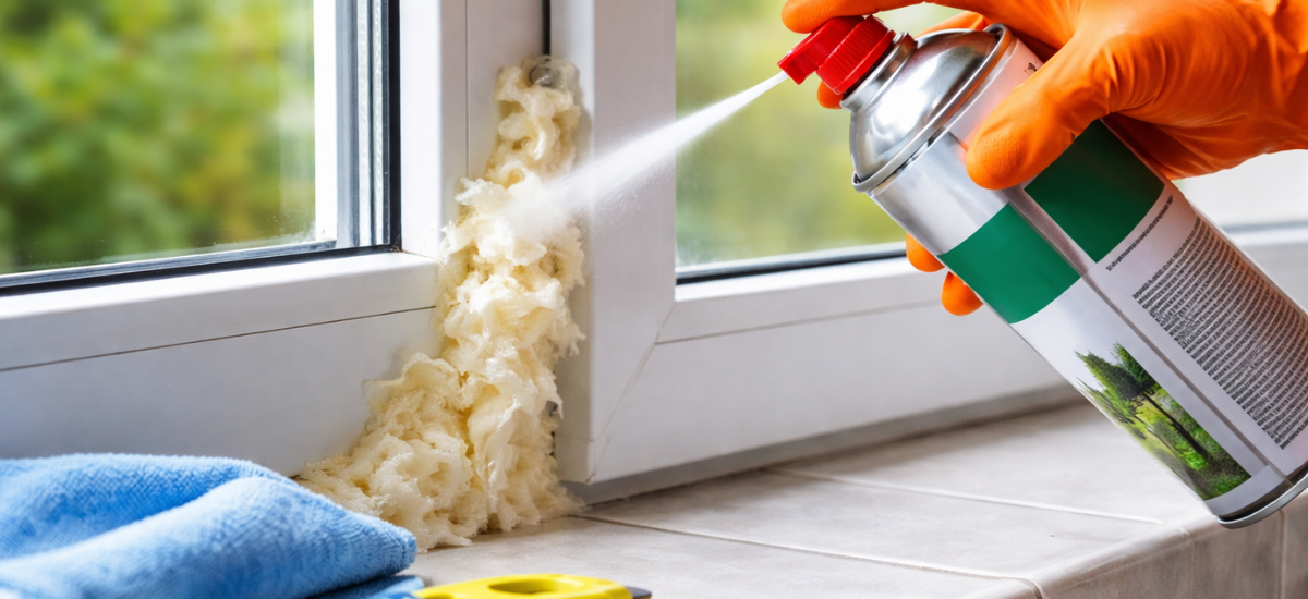 Удаление монтажной пены с пластикового окна специальным очистителем