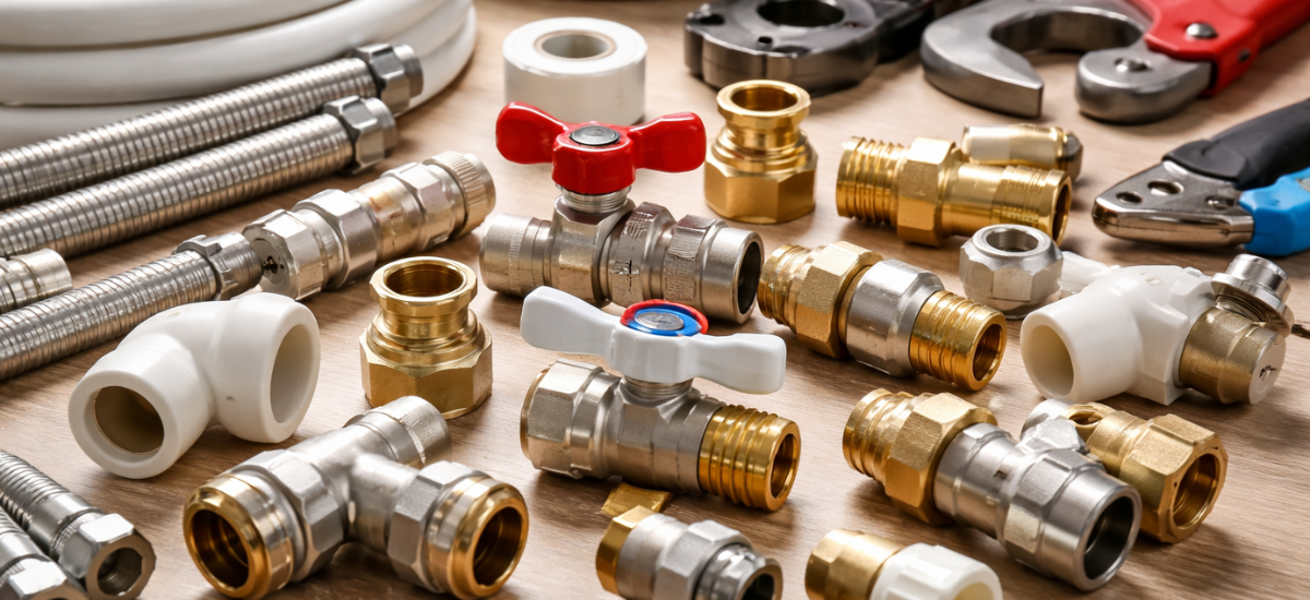 Фитинги для труб водопровода и отопления из латуни и пластика с сантехническим инструментом на деревянной поверхности