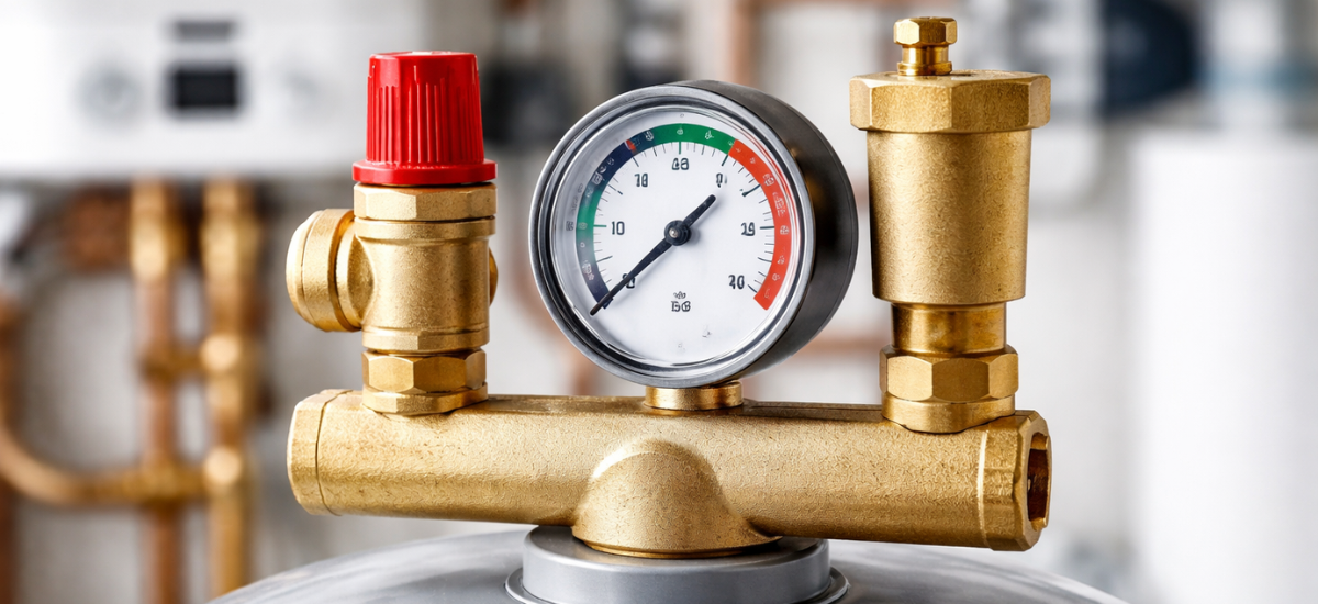 Узел группы безопасности отопительного котла крупным планом