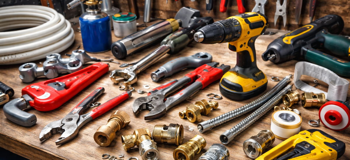 Набор ручного и электрического инструмента для сантехнических работ в домашней мастерской