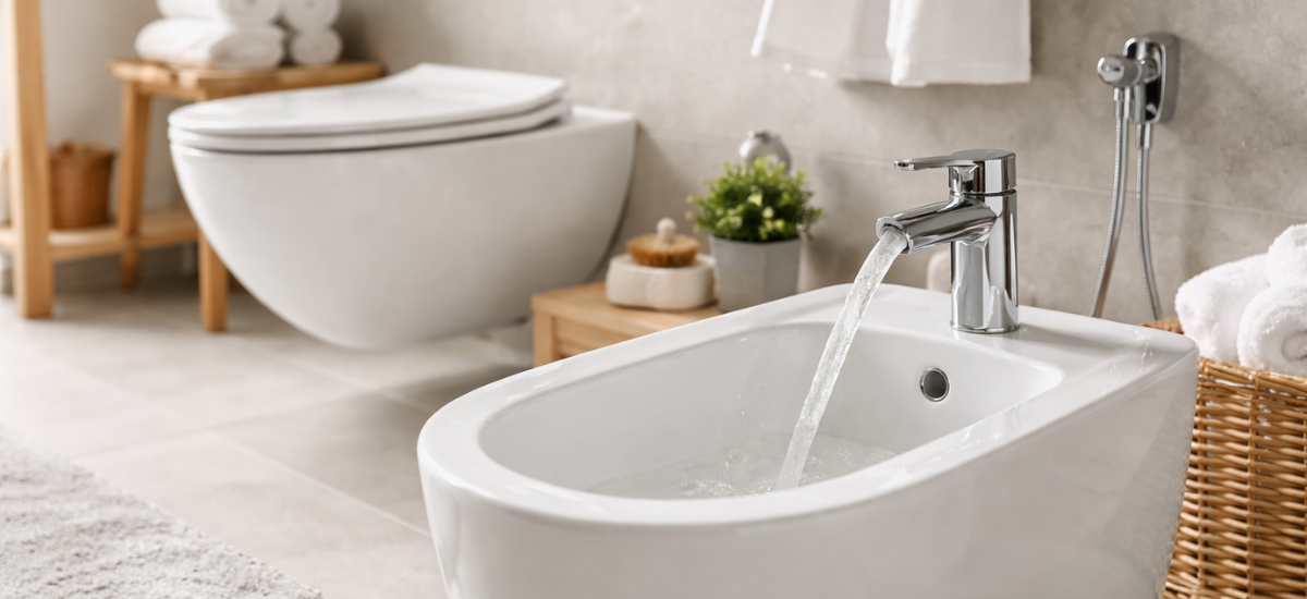 Современное белое биде в интерьере ванной комнаты с хромированным смесителем и минималистичным дизайном