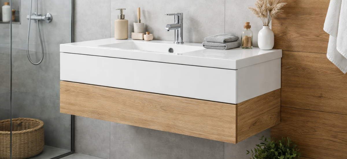 Подвесная тумба с раковиной в современном интерьере ванной комнаты, закреплённая на стене.