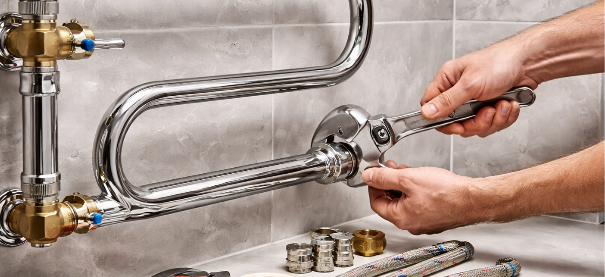 Установка водяного полотенцесушителя в ванной комнате с использованием фитингов и сантехнического инструмента