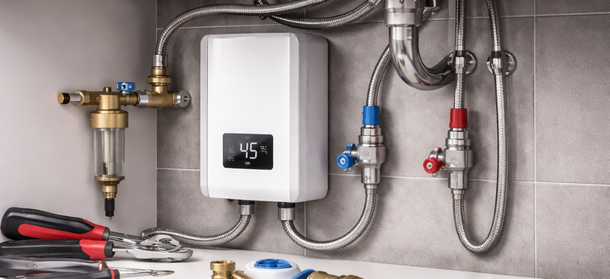 Проточный водонагреватель, установленный под раковиной, с подключёнными трубами и сантехническими инструментами на столе.
