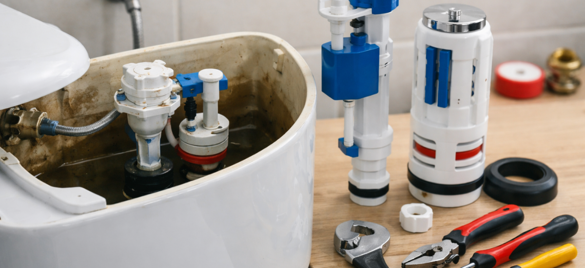 Замена арматуры в бачке унитаза: новый сливной механизм и инструменты рядом с открытым бачком.