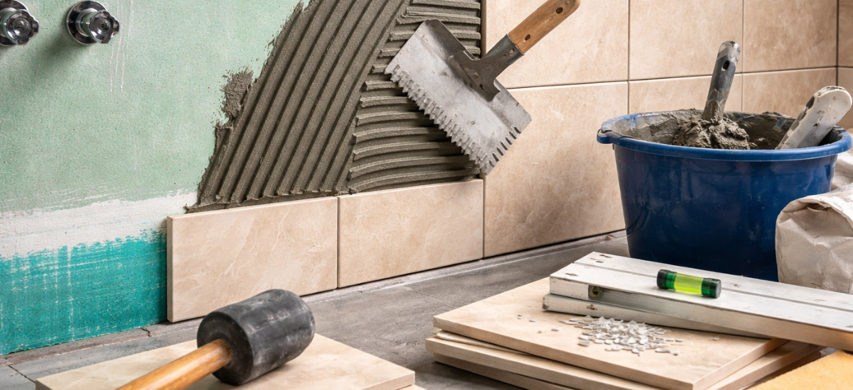 Укладка керамической плитки на влагостойкий гипсокартон с нанесением плиточного клея зубчатым шпателем в ванной или на кухне