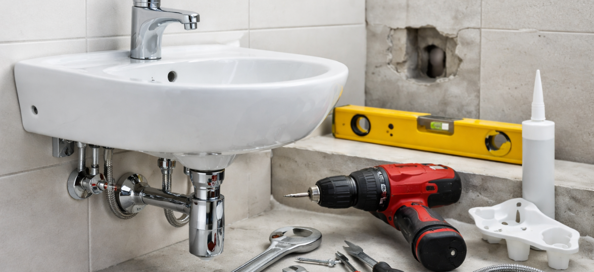 Установка подвесной раковины на стену в ванной комнате с инструментами для монтажа