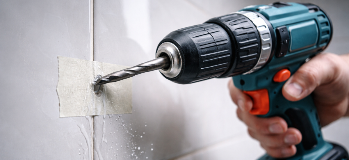 Сверление керамической плитки дрелью с использованием малярного скотча для защиты от сколов