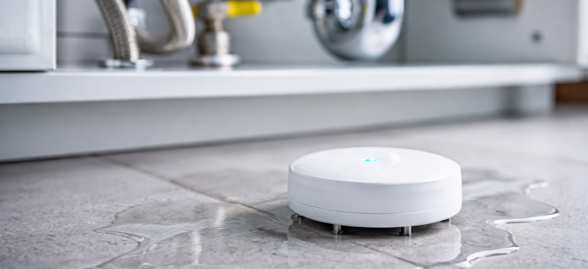 Датчик протечки воды установлен на полу под раковиной в ванной