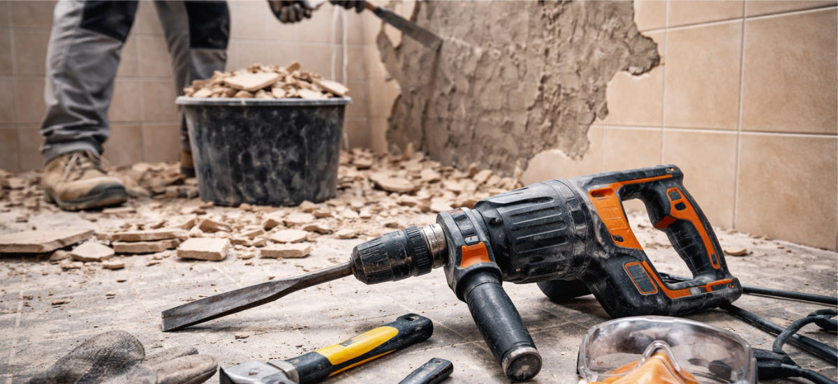Демонтаж керамической плитки со стены и пола с помощью перфоратора и ручного инструмента