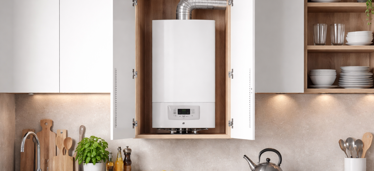 Газовая колонка, встроенная в кухонный шкаф с вентиляцией в современном интерьере кухни