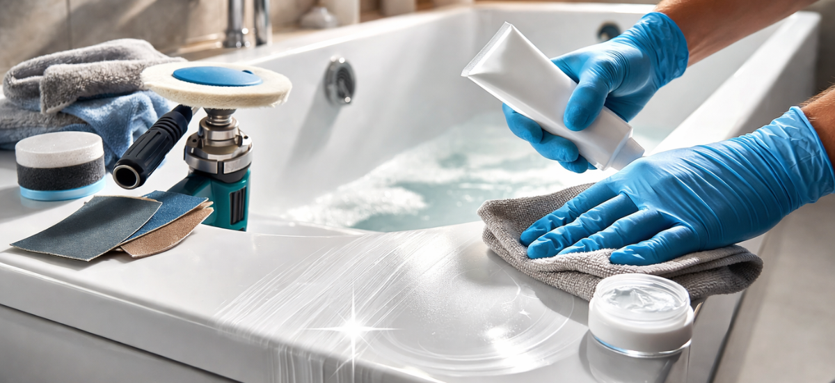 Полировка акриловой ванны для удаления царапин крупным планом