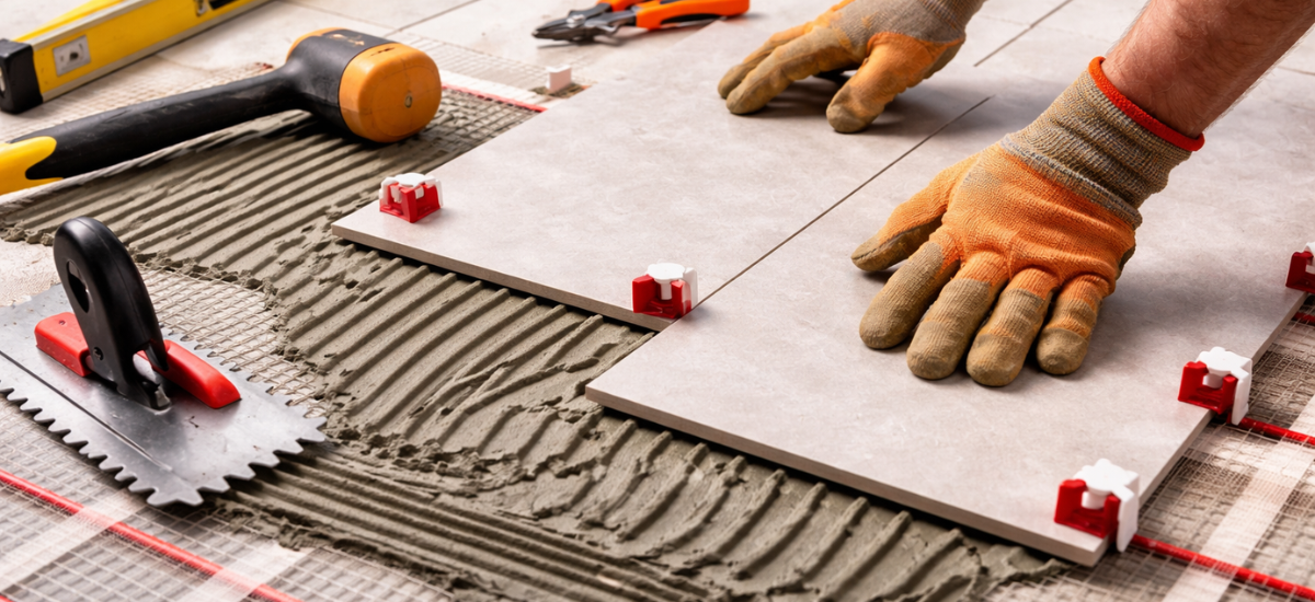 Укладка керамической плитки на систему тёплого пола с нанесением плиточного клея и использованием системы выравнивания