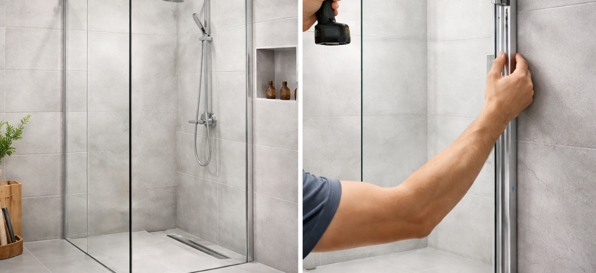 Установка стеклянной душевой перегородки в ванной комнате с использованием инструмента и крепежа