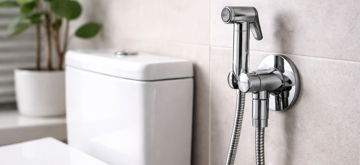 Гигиенический душ рядом с унитазом в современном санузле