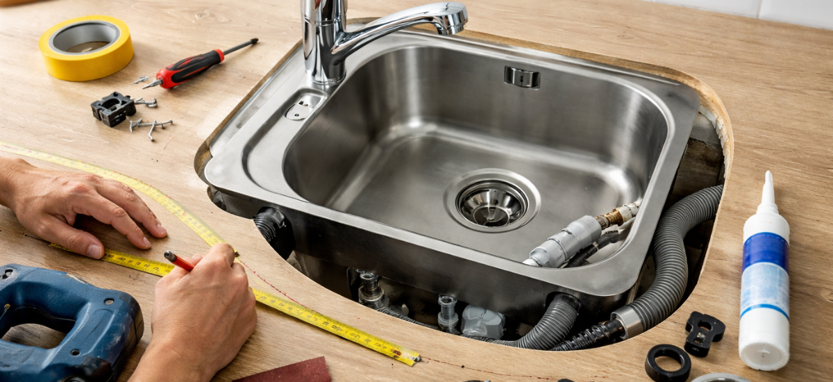 Установка кухонной мойки в столешницу с инструментами и крепежом на рабочей поверхности кухни