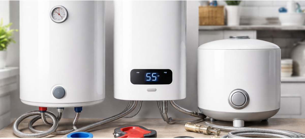 Накопительные и проточные бойлеры с сантехническим инструментом в интерьере