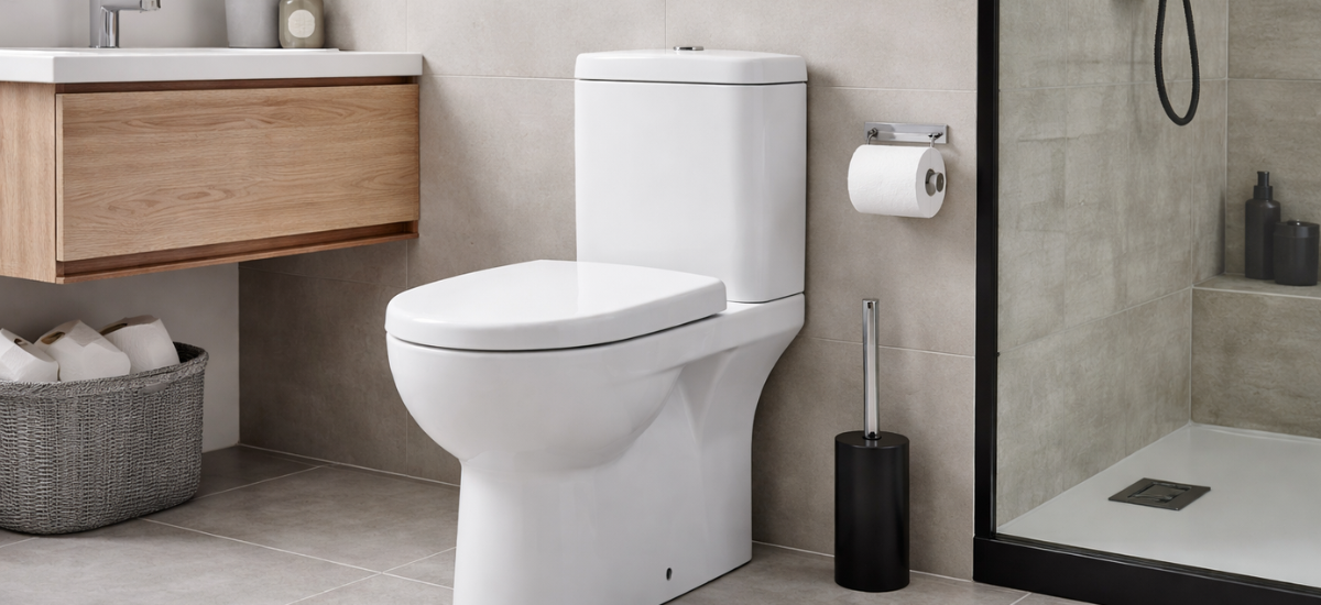 Современный напольный унитаз компакт с безободковой чашей и системой двойного смыва в ванной комнате