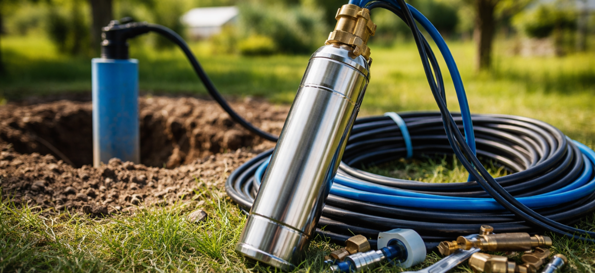 Скважинный насос из нержавеющей стали рядом со скважиной и комплектующими на участке частного дома
