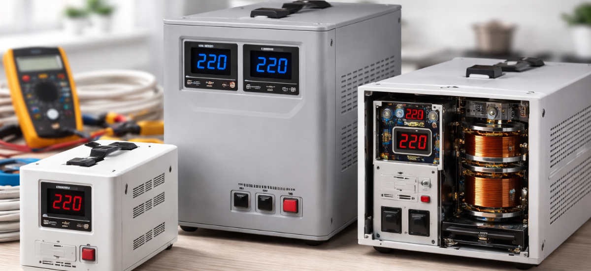 Стабилизаторы напряжения разных типов на столе в мастерской без текста