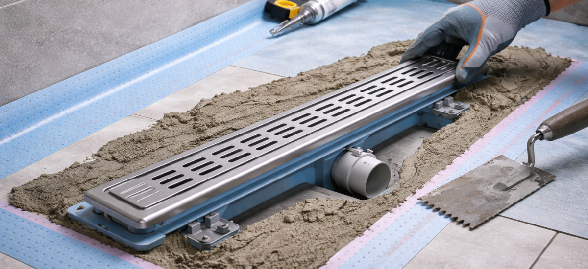 Линейный трап для душевой зоны из нержавеющей стали в полу под плиткой