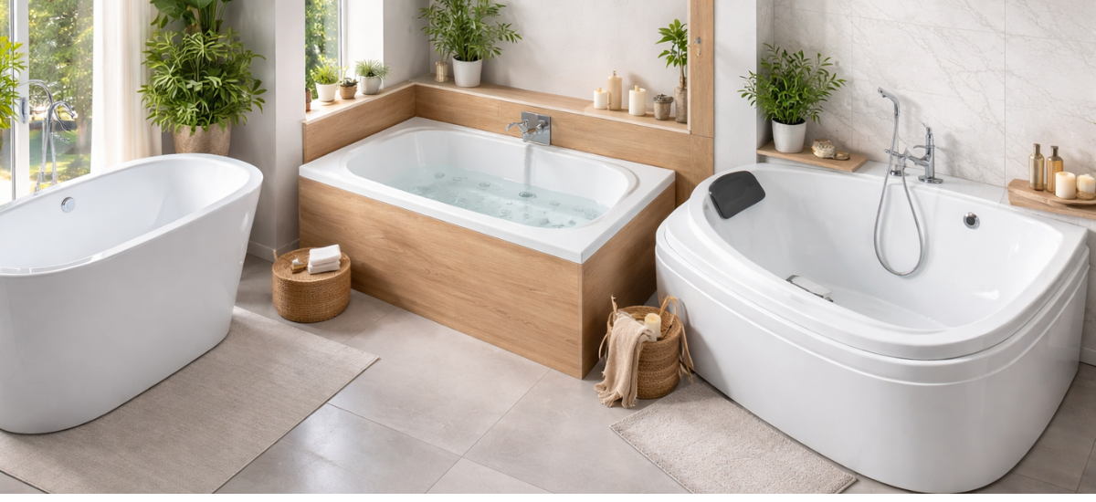 Современная ванная комната с акриловой, угловой и отдельно стоящей ванной в светлом интерьере