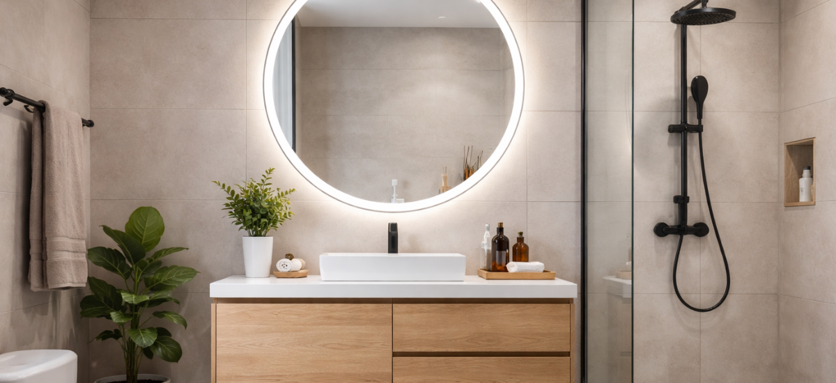 Современное зеркало для ванной комнаты с LED-подсветкой над раковиной в светлом интерьере