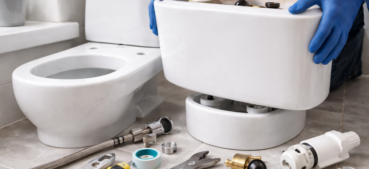 Установка нового бачка унитаза с сантехническими инструментами в ванной комнате