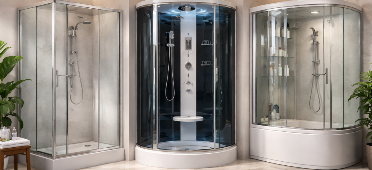 Современные душевые кабины разных типов в просторной ванной комнате