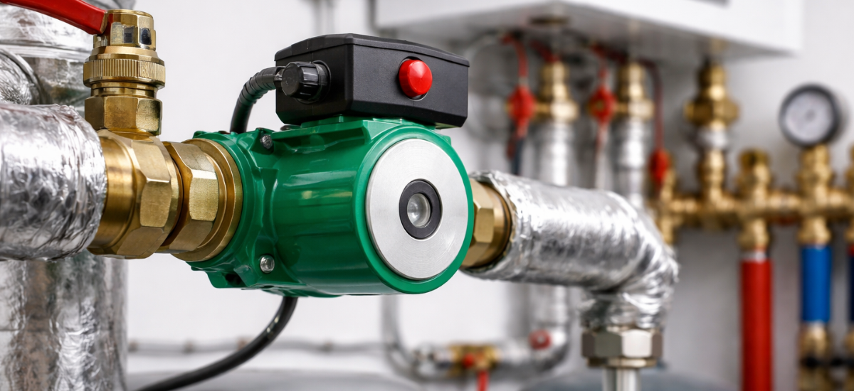 Циркуляционный насос в системе отопления с трубами и котлом крупным планом