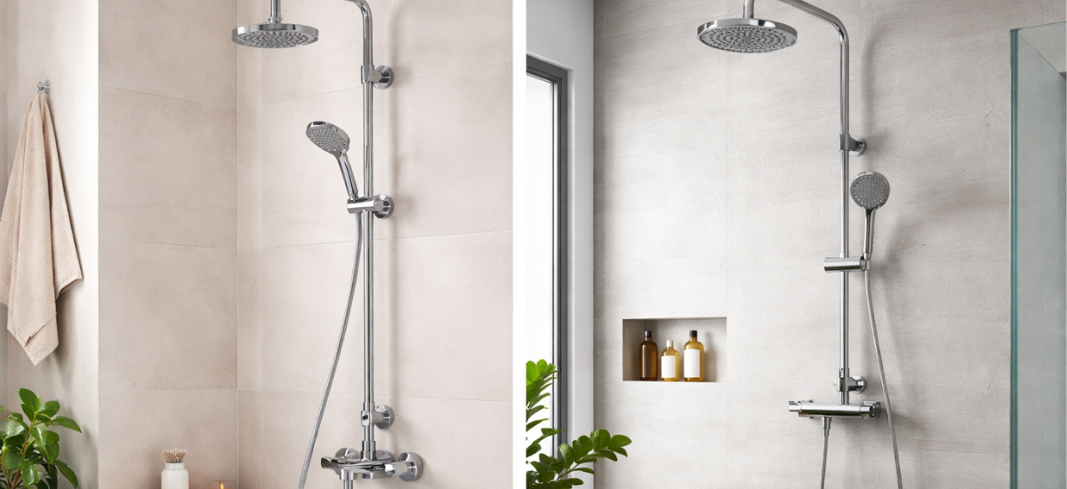 Современная душевая система с лейкой и тропическим душем в стильной ванной комнате