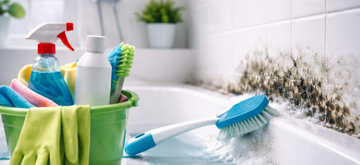 Удаление плесени в ванной комнате с помощью чистящих средств и щетки